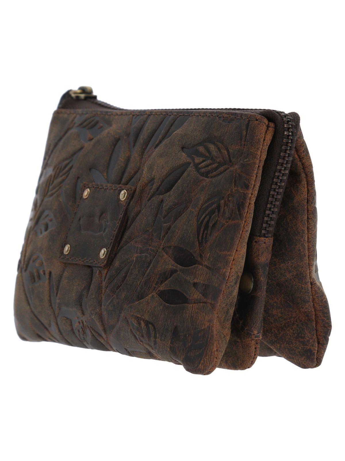 Billetera Cuero Mujer Hu Leaves Pouch Café-1