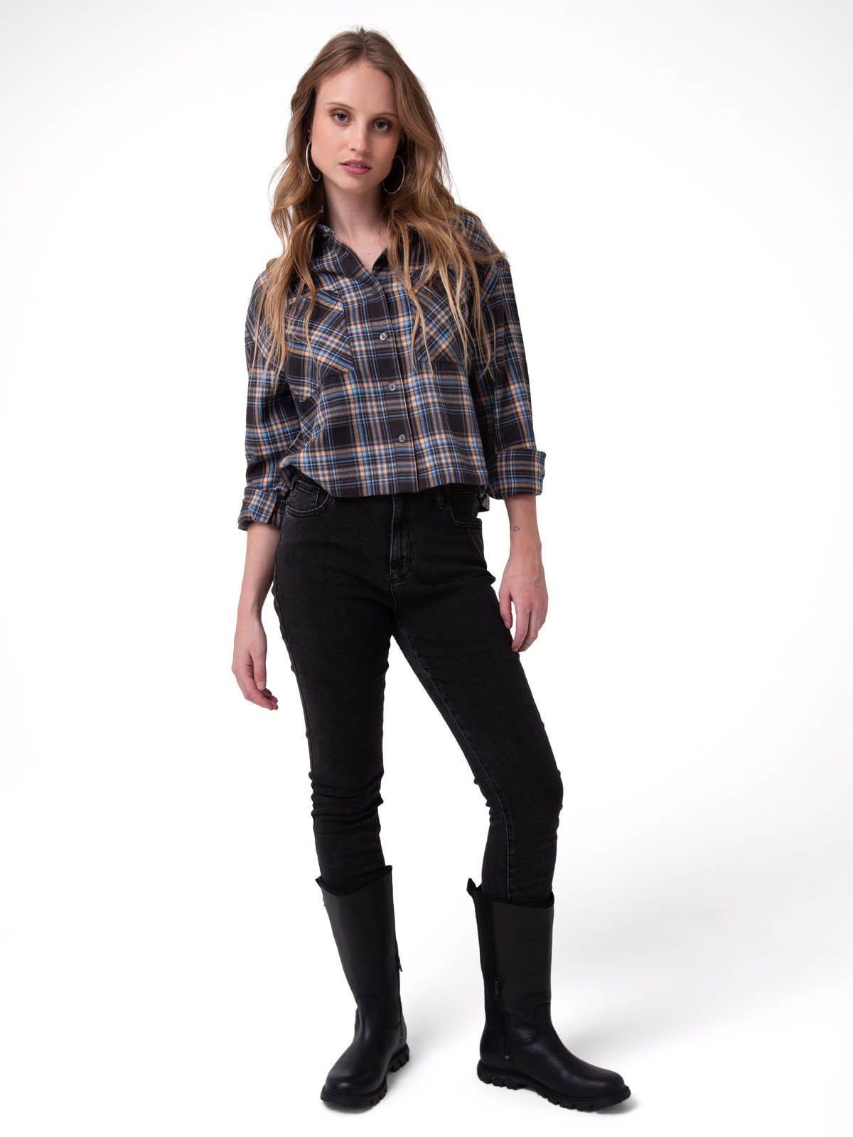 Camisa Manga Larga Mujer Cropped Flannel Negro-5