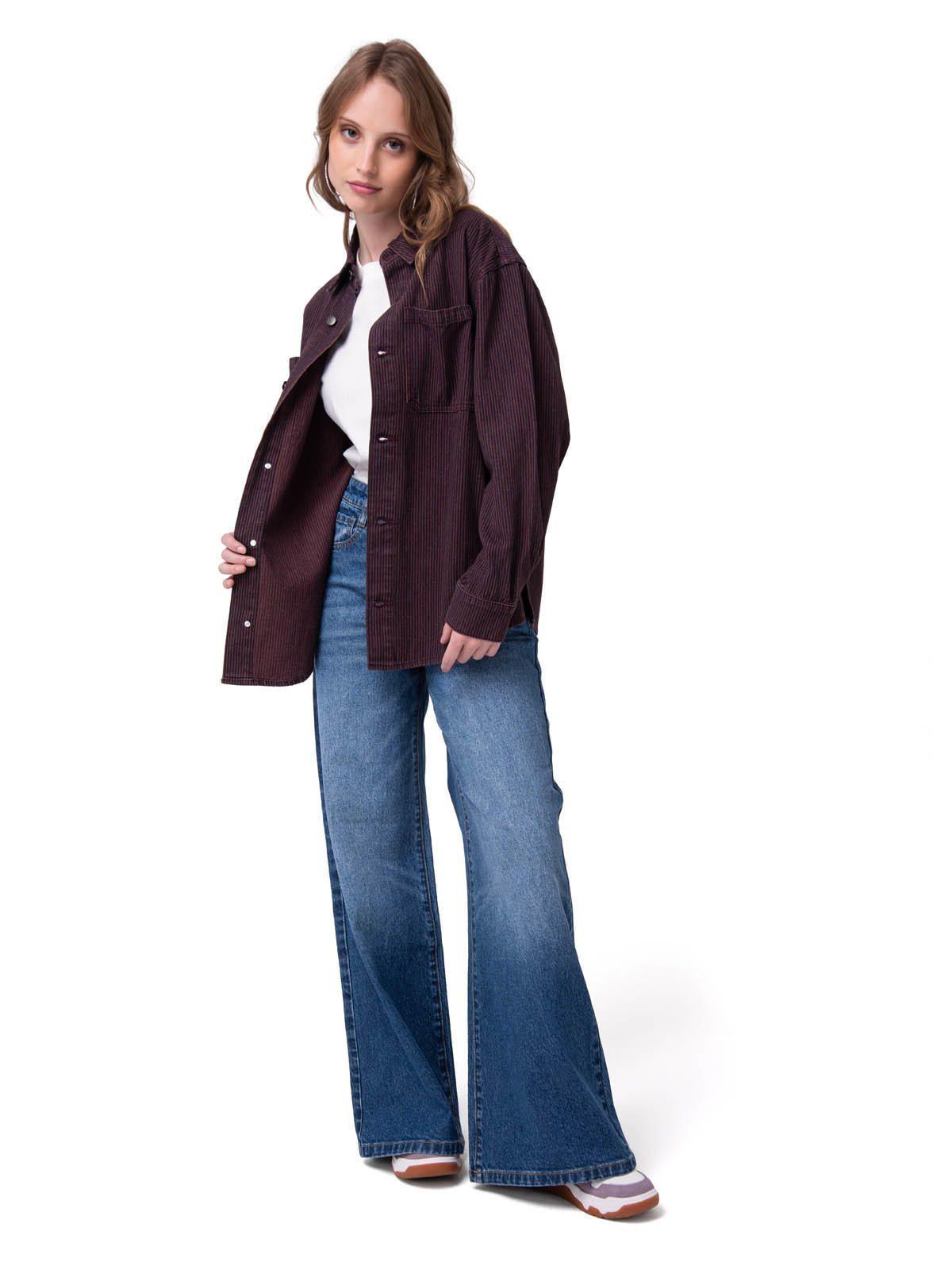 Camisa Denim Mujer Oversized Lineas Burdeo-0