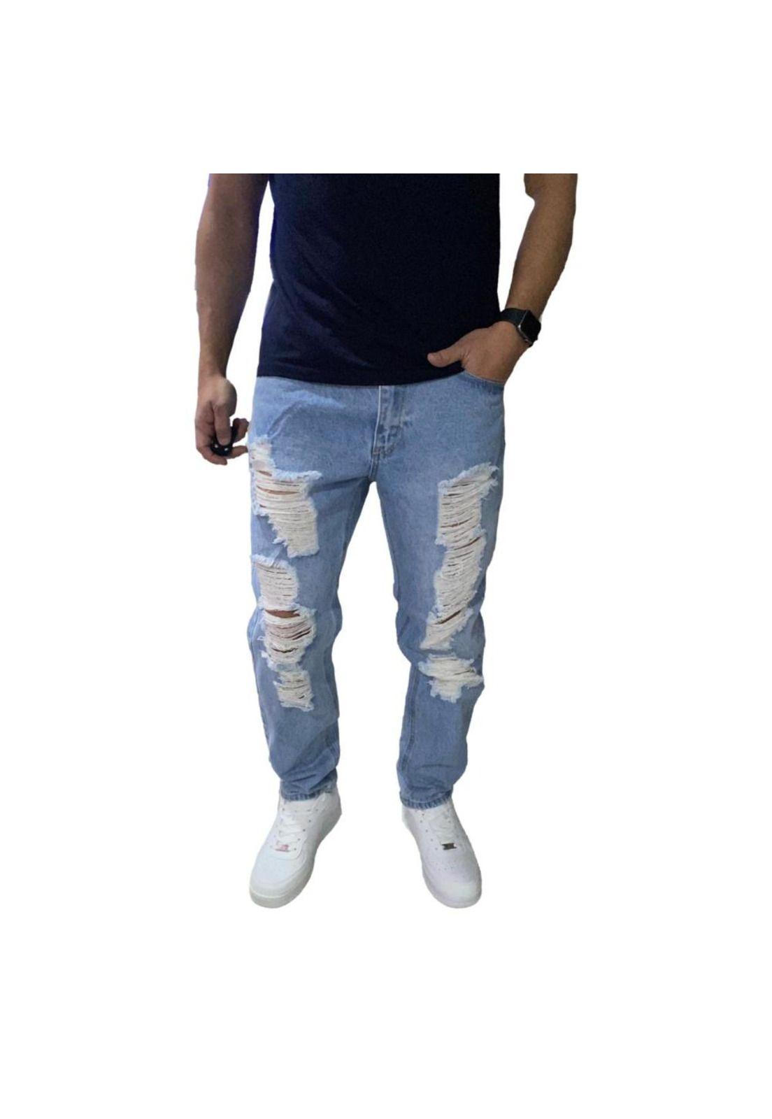 Jeans Mom Super Rasgado Tela Rígida Celeste-0