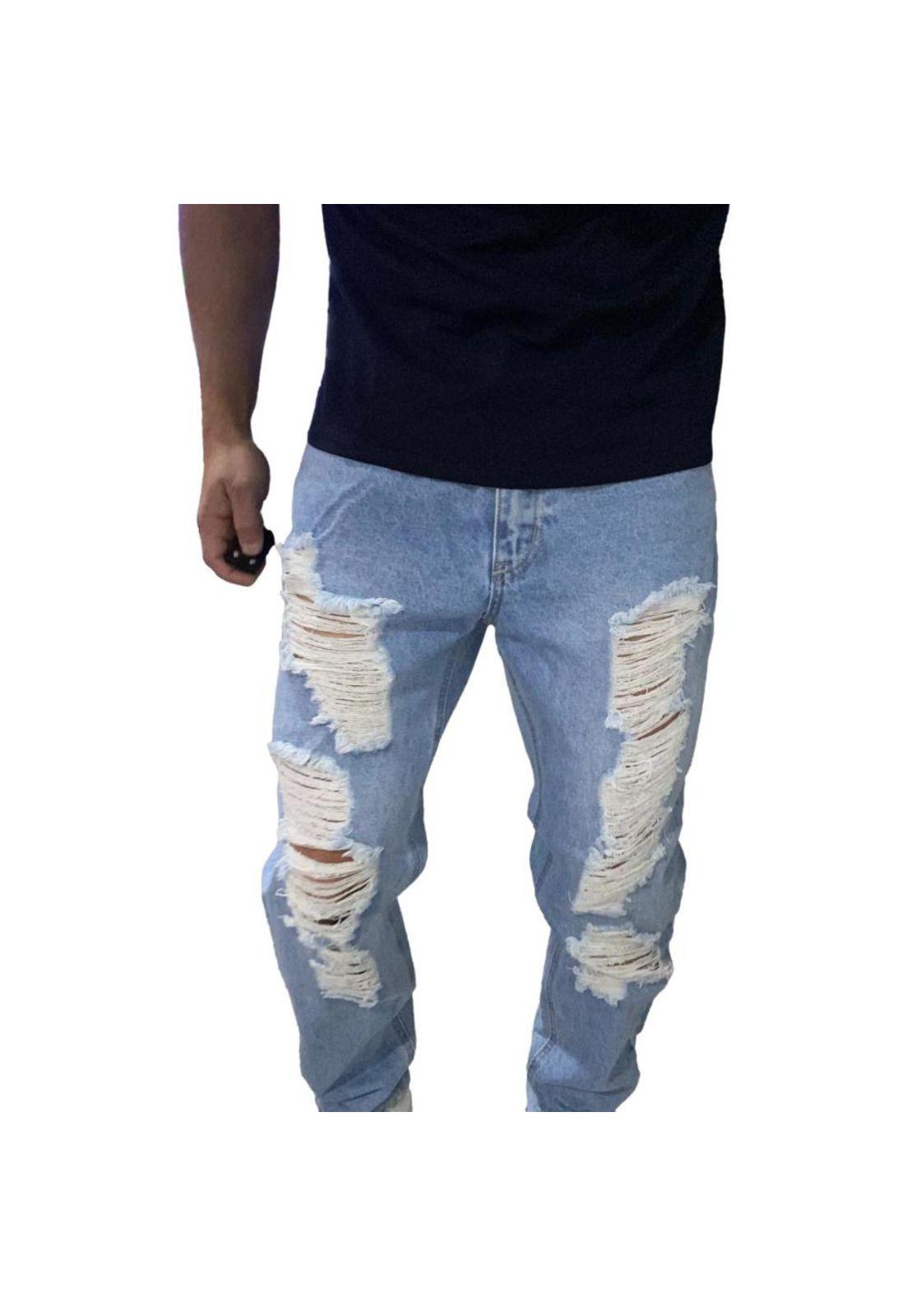 Jeans Mom Super Rasgado Tela Rígida Celeste-1