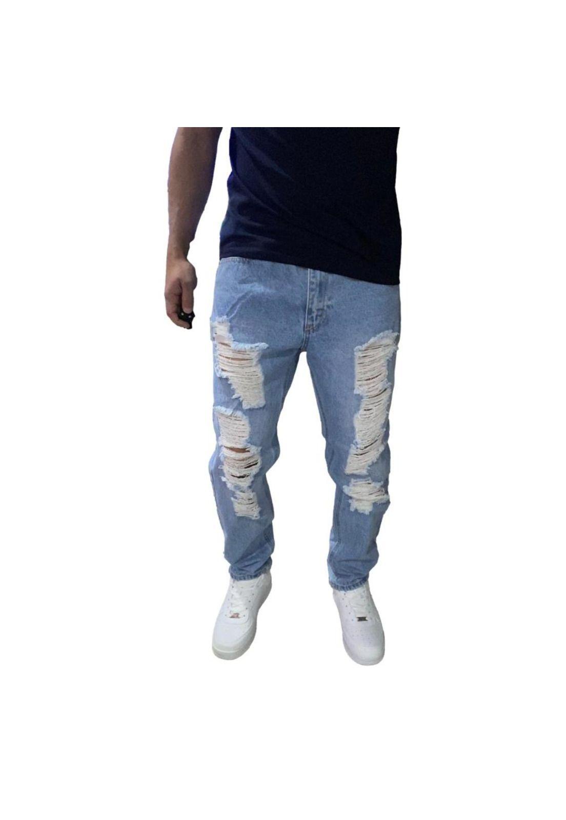 Jeans Mom Super Rasgado Tela Rígida Celeste-4