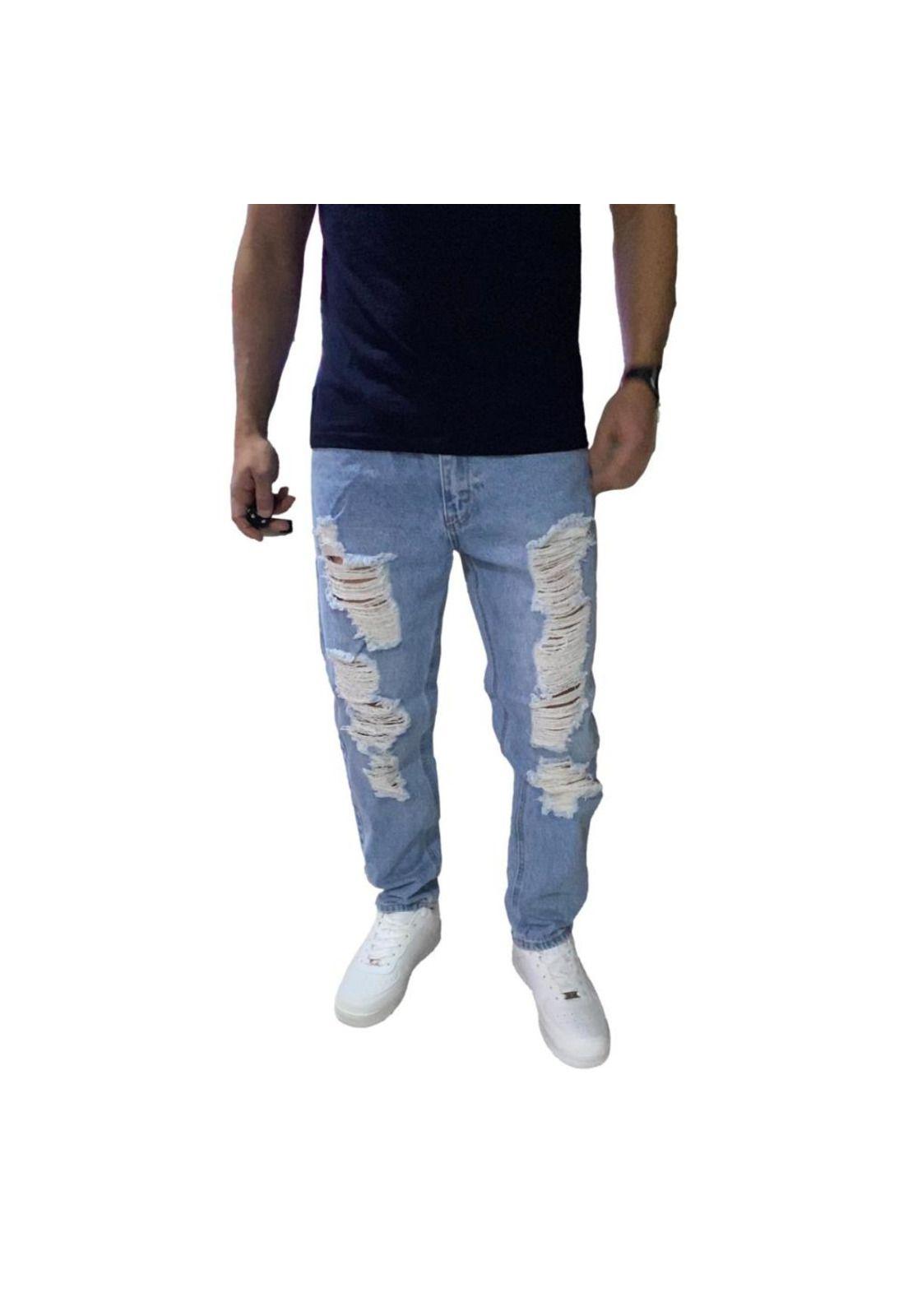 Jeans Mom Super Rasgado Tela Rígida Celeste-5