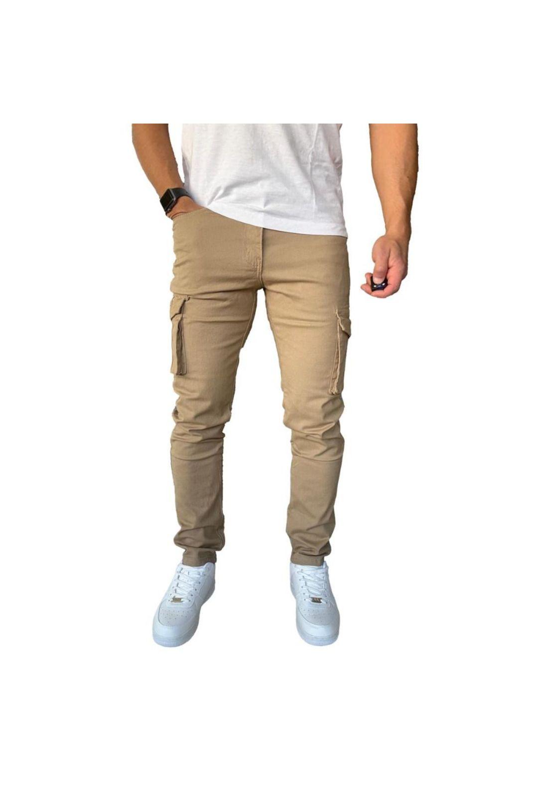 Pantalón De Tela Cargo Slim Fit Mosaico Elasticado Caqui-2