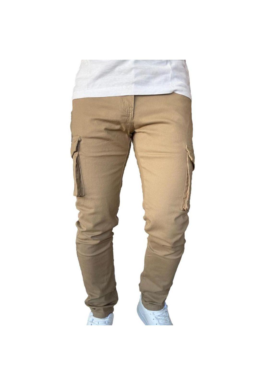 Pantalón De Tela Cargo Slim Fit Mosaico Elasticado Caqui-3