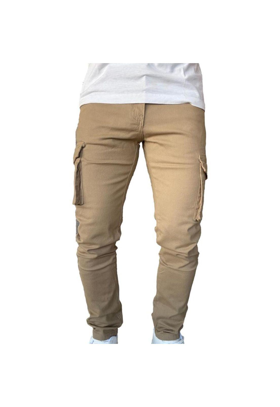 Pantalón De Tela Cargo Slim Fit Mosaico Elasticado Caqui-4