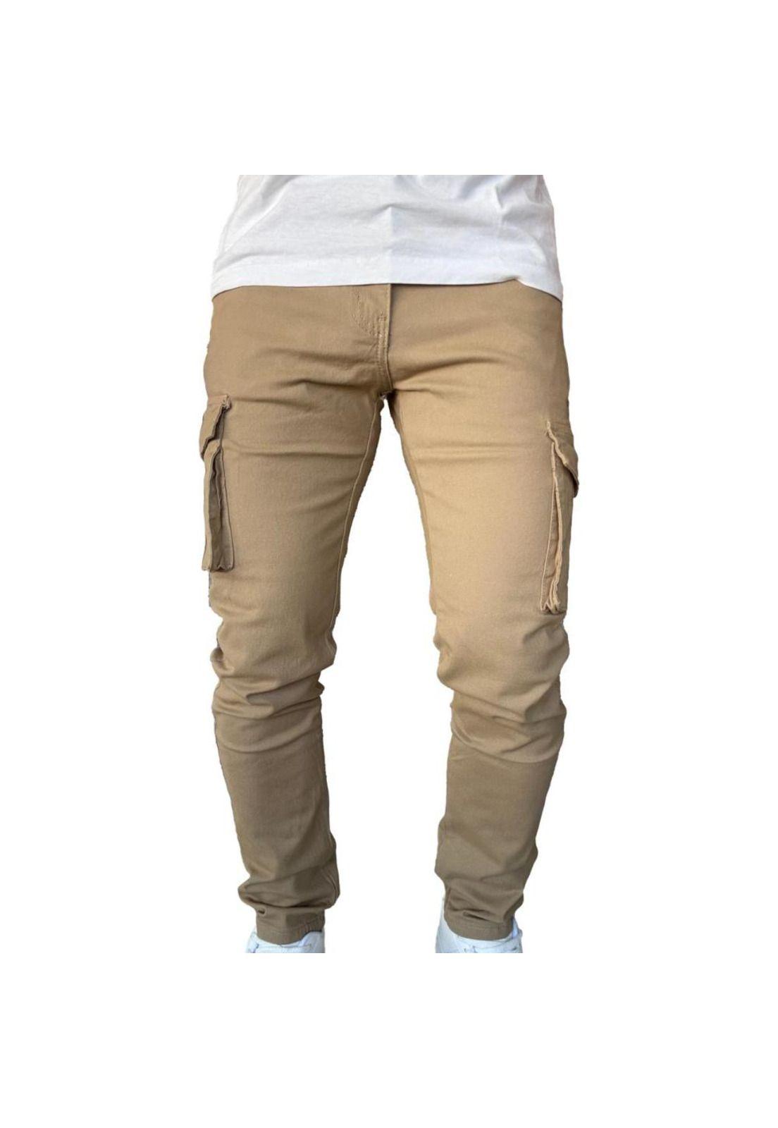 Pantalón De Tela Cargo Slim Fit Mosaico Elasticado Caqui-5