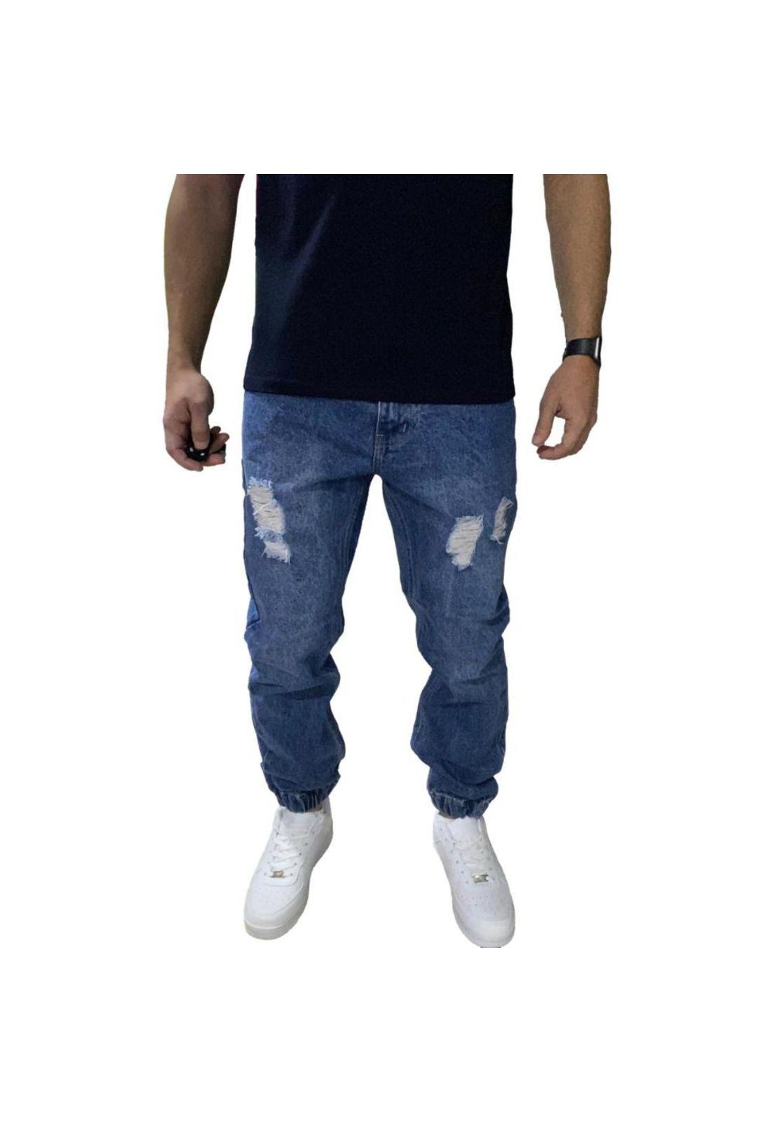 Joggers Jeans Mom Rasgado Tela Rígida Azul-1