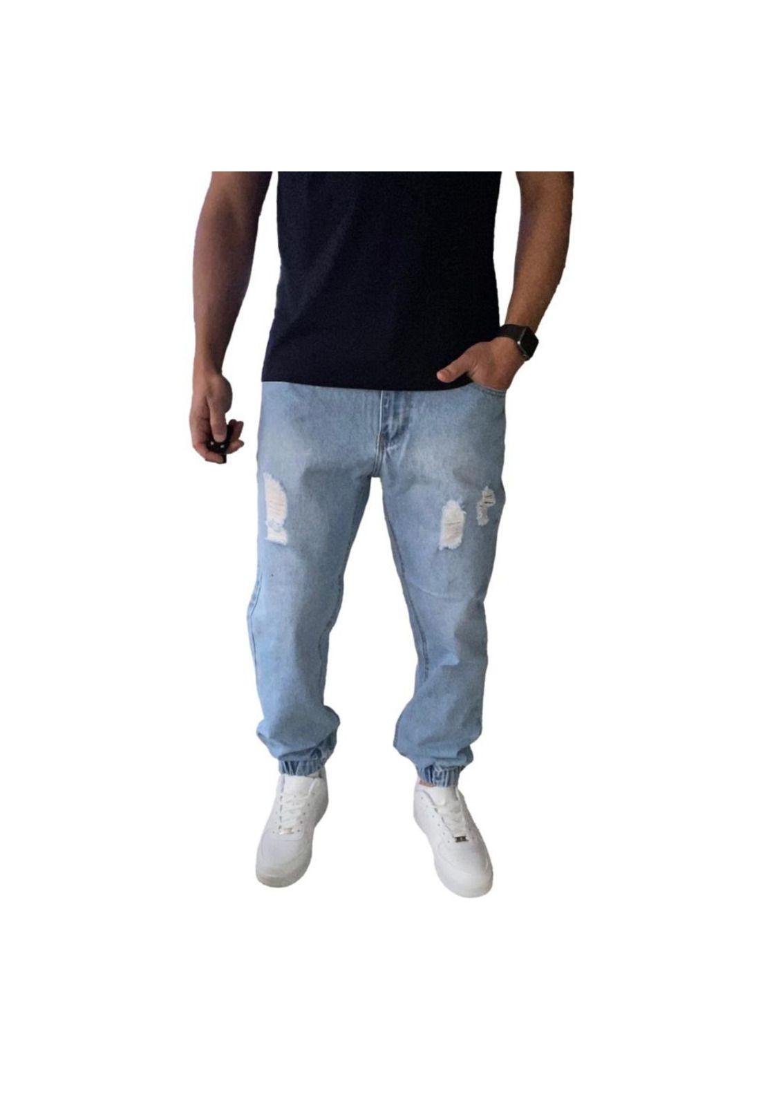 Joggers Jeans Mom Rasgado Tela Rígida Celeste-0