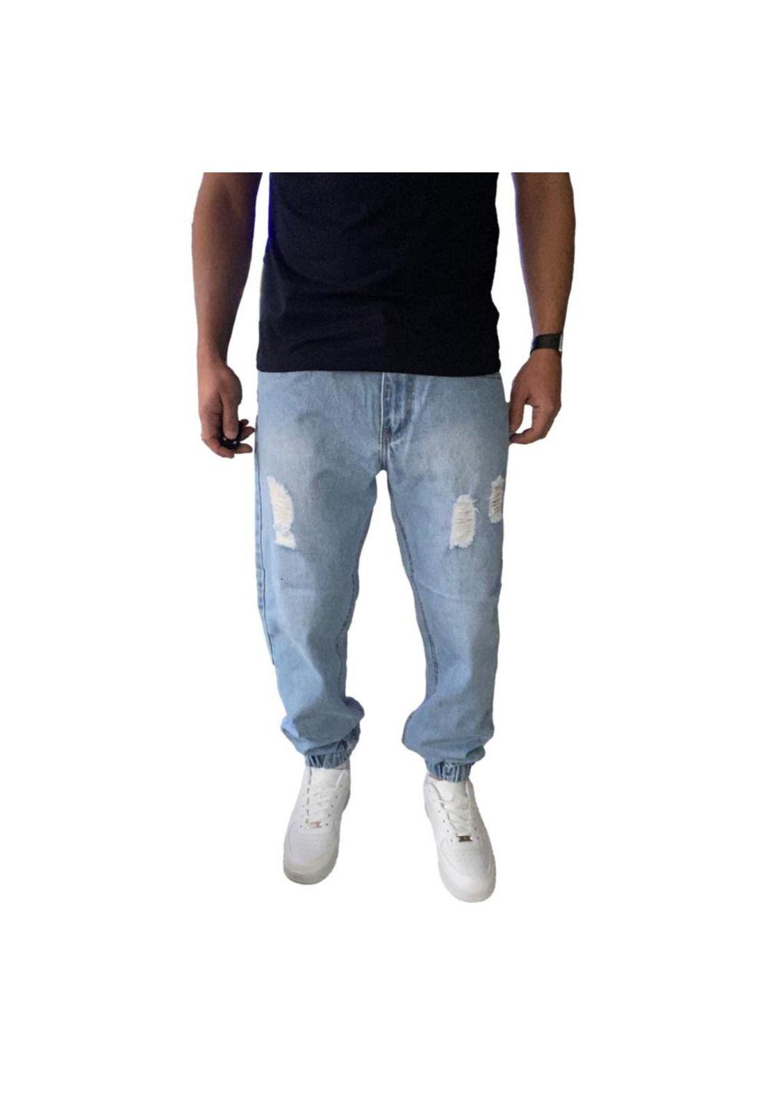 Joggers Jeans Mom Rasgado Tela Rígida Celeste-1