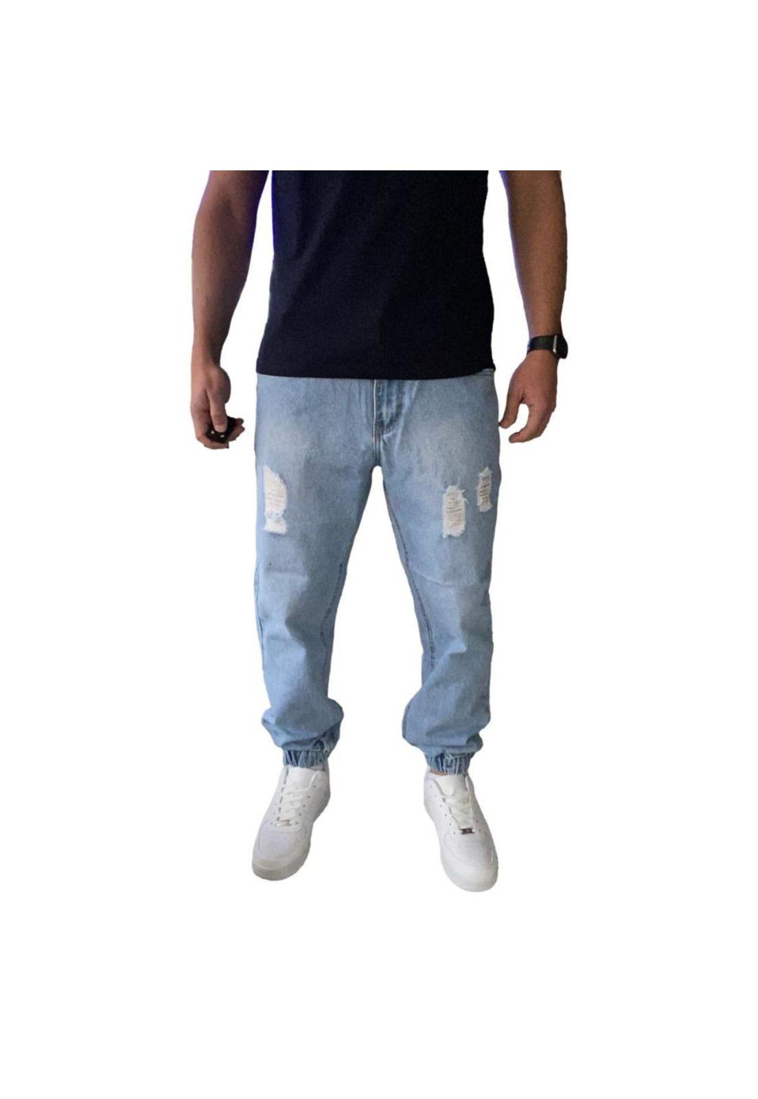 Joggers Jeans Mom Rasgado Tela Rígida Celeste-3