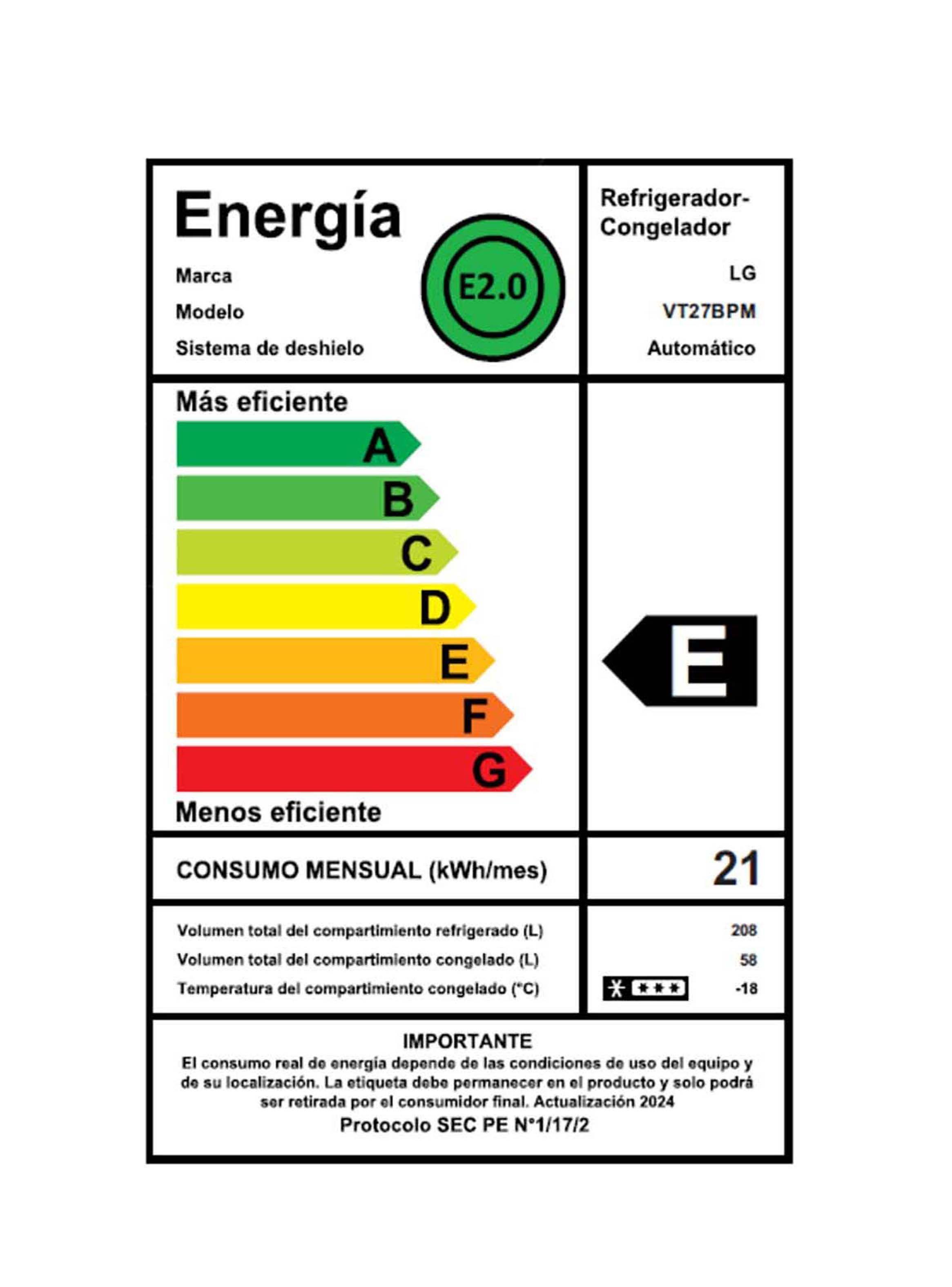 Refrigerador Top Freezer LG 266 Litros con Motor Smart Inverter VT27BPM-6