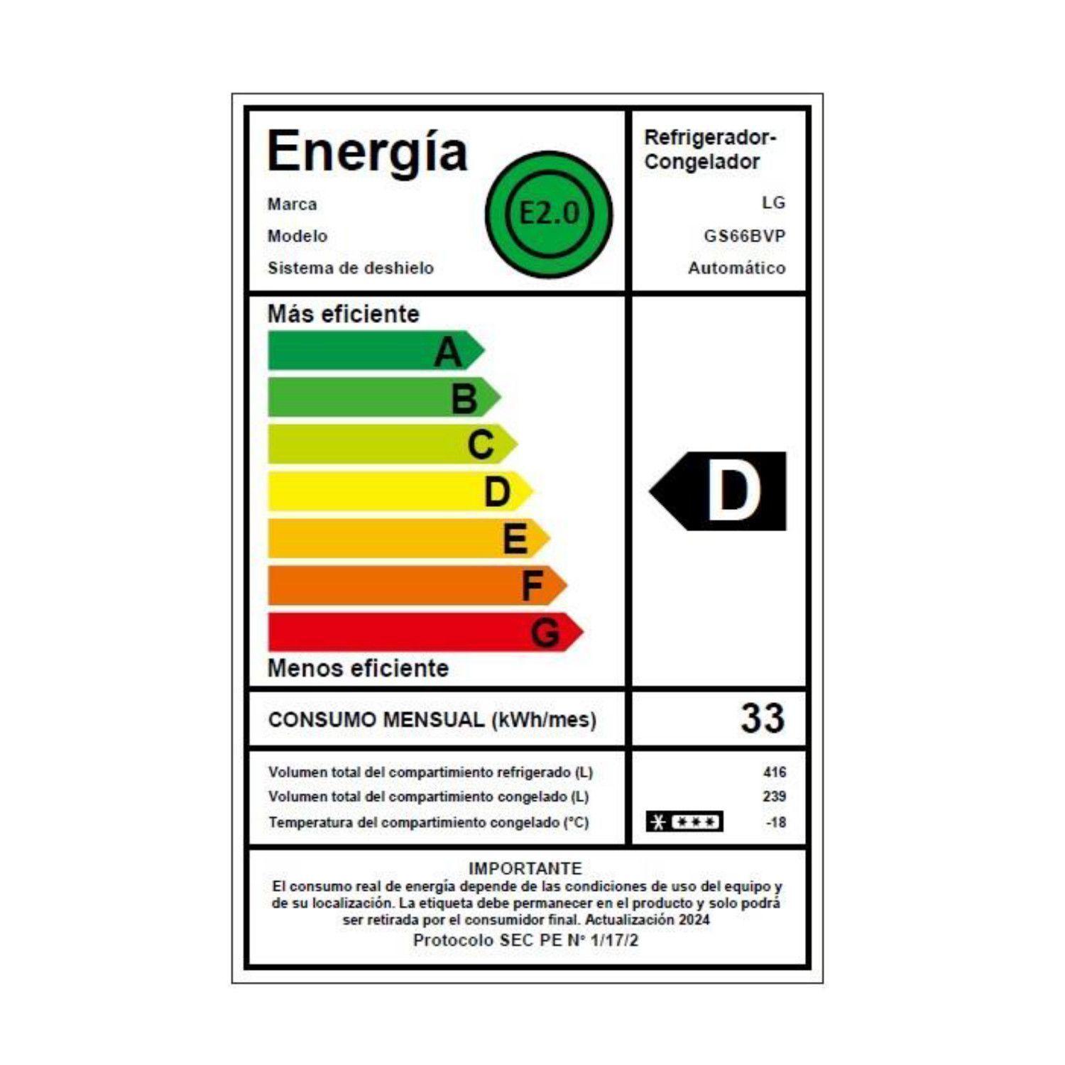 Refrigerador Side by Side LG 655 Litros con Motor Smart Inverter Compressor GS66BVP-6