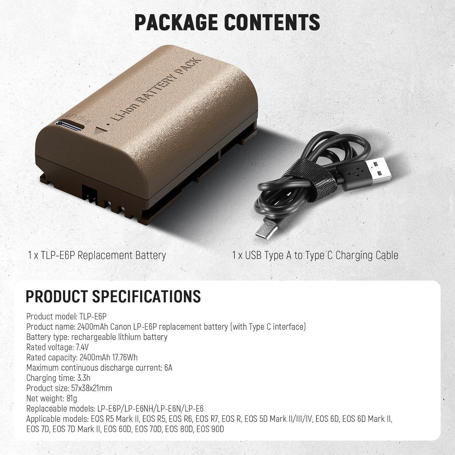 Batería Neewer LP-E6P 2400mAh con Puerto Tipo C-3