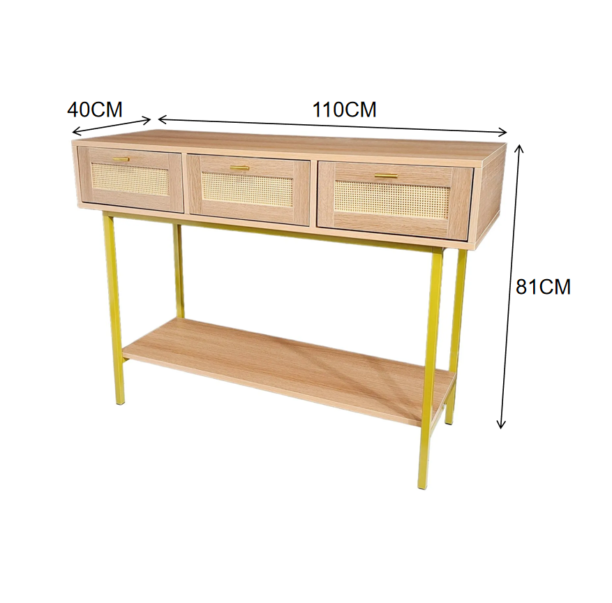 Aparador Rattan Natural con Cajones y Base Dorada 110 cm-2
