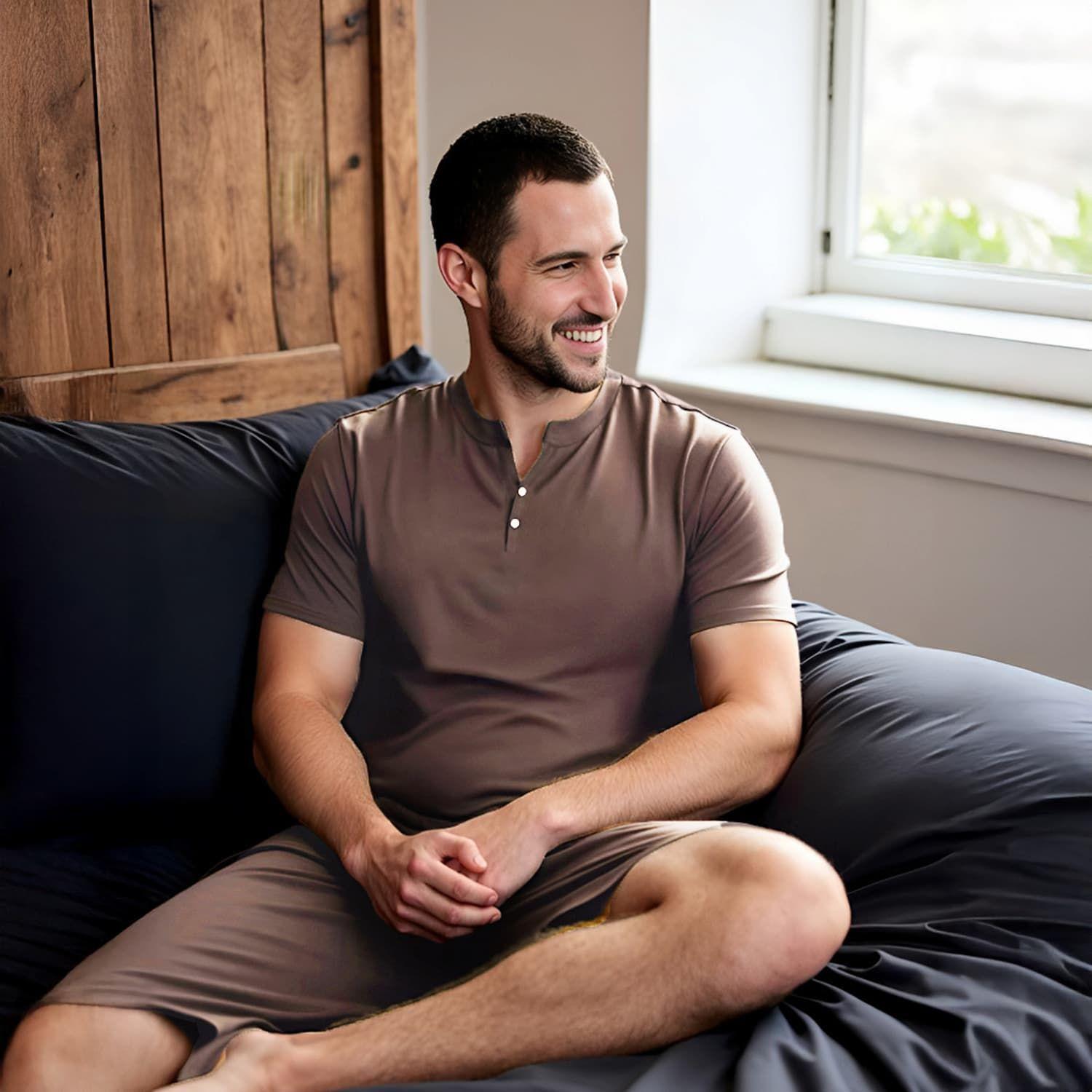 Set Pijama Hombre - Corto - 100% Bambú - Fresco y Suave -  Café - Talla  L - Hypnos-1