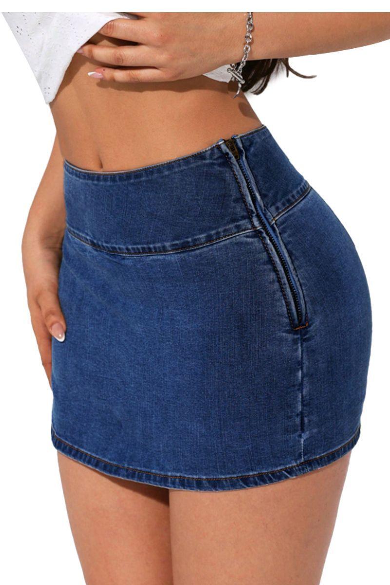 Falda Short Jeans Mezclilla Full Elasticada Tiro Alto Pretina Alta-5