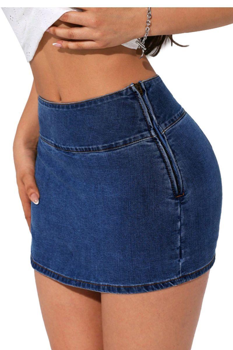 Falda Short Jeans Mezclilla Full Elasticada Tiro Alto Pretina Alta-5