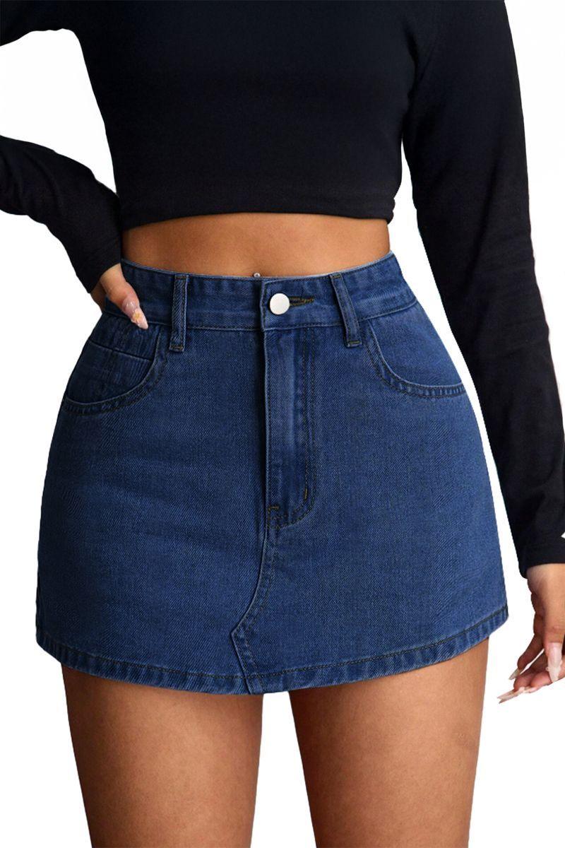 Falda Short Jeans Mezclilla Full Elasticada Tiro Alto - Pretina Alta-7