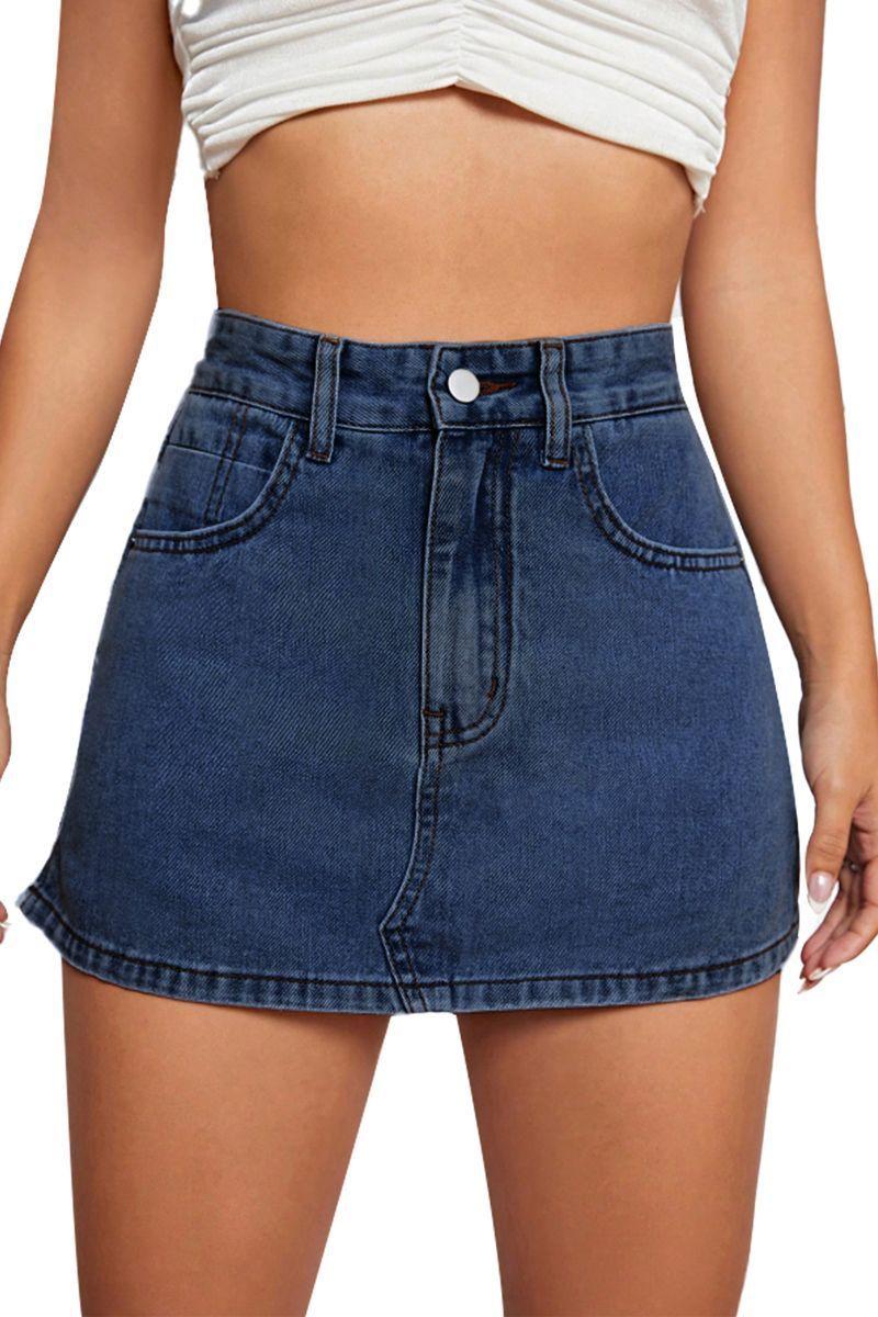 Falda Short Jeans Mezclilla Full Elasticada Tiro Alto - Pretina Alta-3