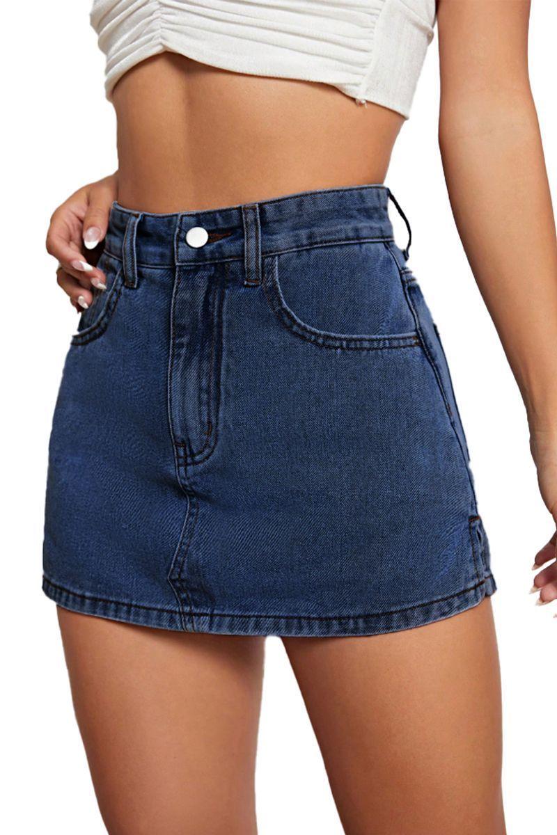 Falda Short Jeans Mezclilla Full Elasticada Tiro Alto - Pretina Alta-5