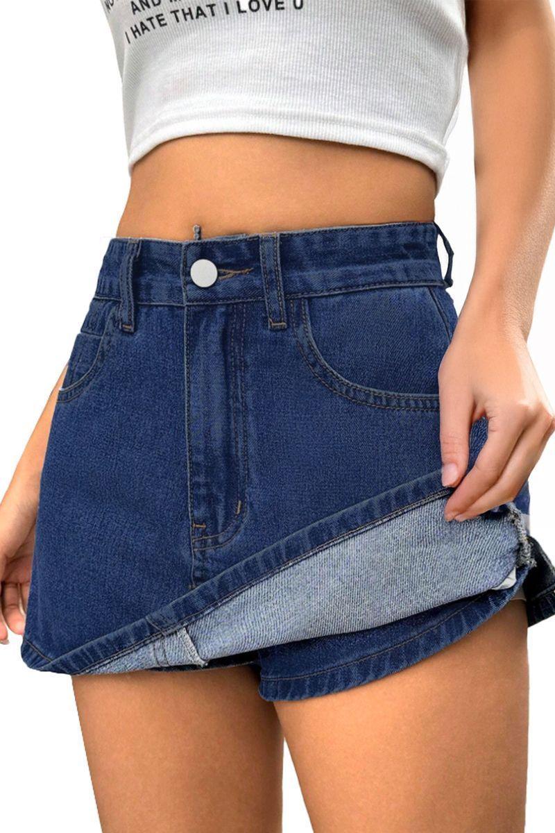 Falda Short Jeans Mezclilla Full Elasticada Tiro Alto - Pretina Alta-0
