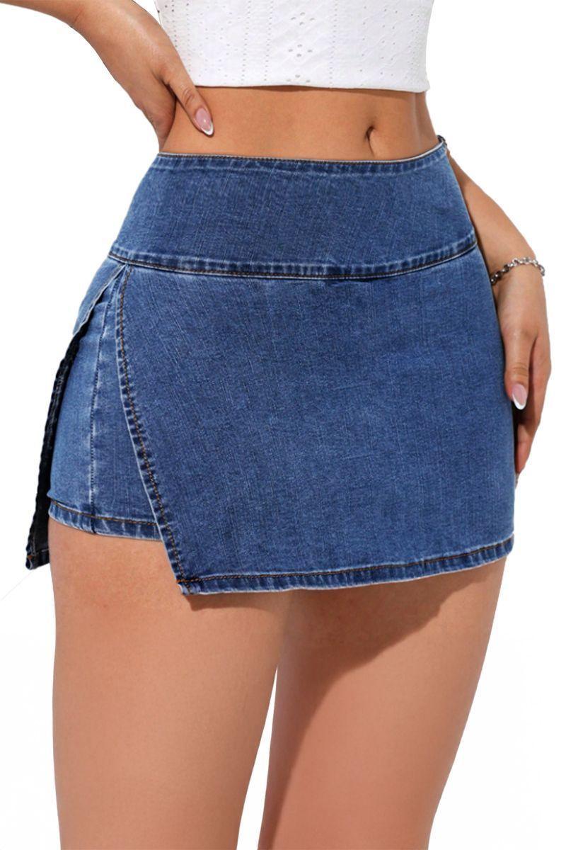Falda Short Jeans Mezclilla Full Elasticada Tiro Alto - Pretina Alta-0