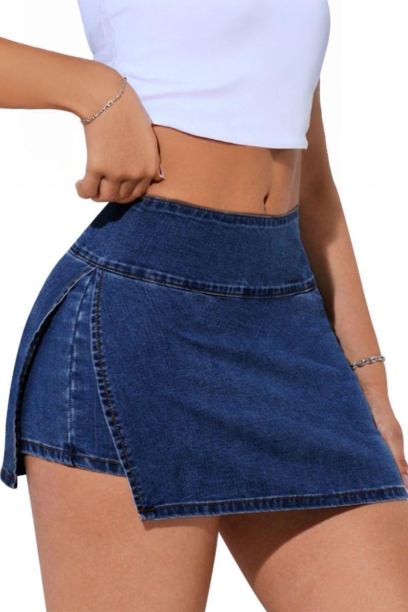 Falda Short Jeans Mezclilla Full Elasticada Tiro Alto - Pretina Alta-0