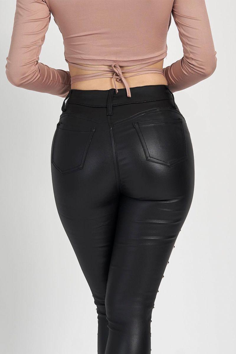 Jeans Eco Cuero Calce Perfecto Tiro Alto Elasticados 5 Botones Forrados-4