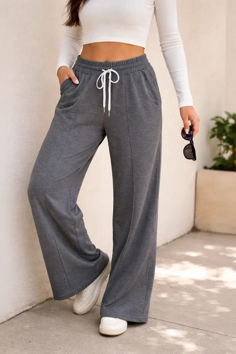 Pantalón Buzo Algodón Palazzo Con Polar Elasticados Wide Leg -0