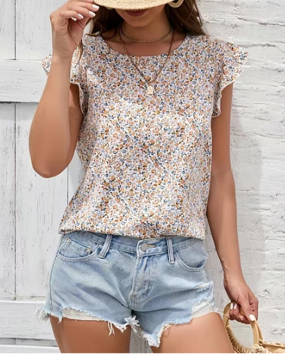 Blusa de Estampado Floral Beige -0