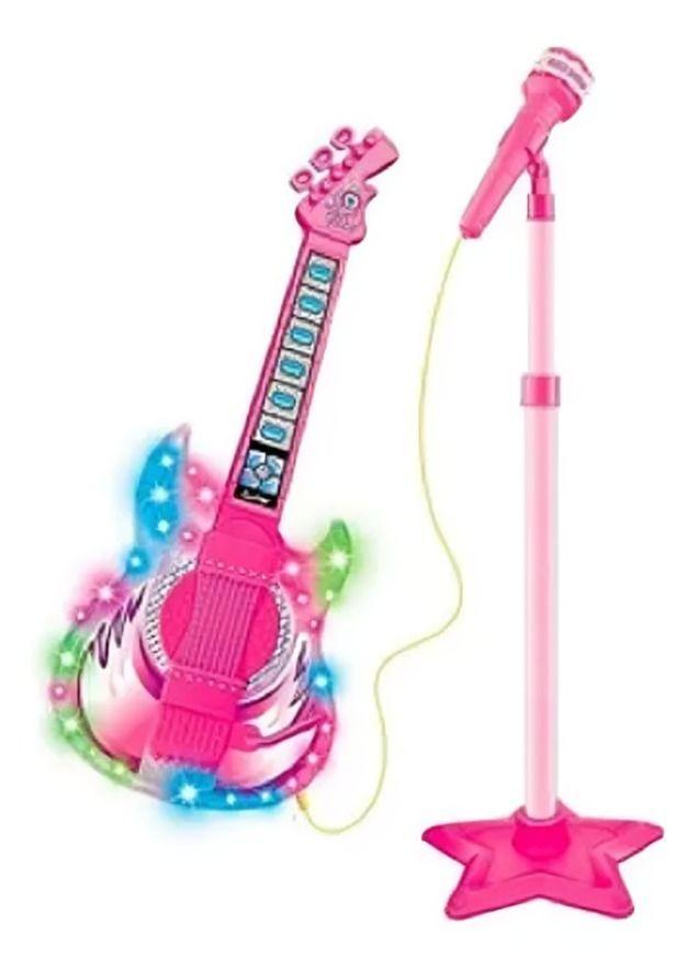 Guitarra rosada con microfono pedestal-1