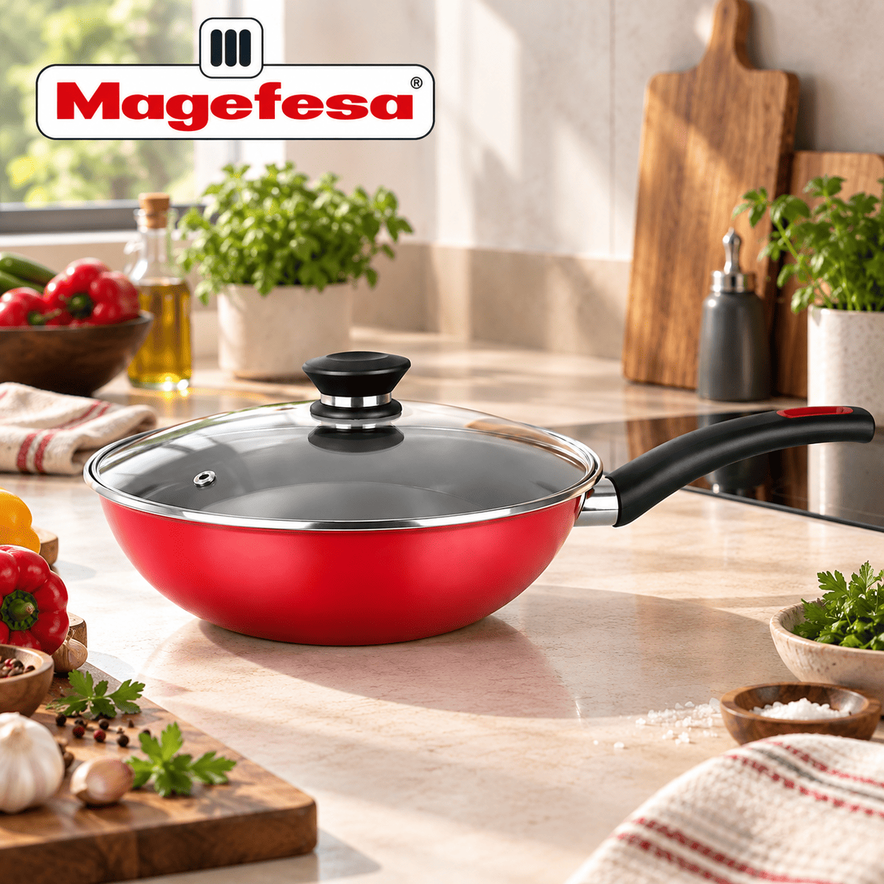 Wok Antiadherente con Tapa Magefesa Coral Rojo 30 cm Acero Vitrificado-1