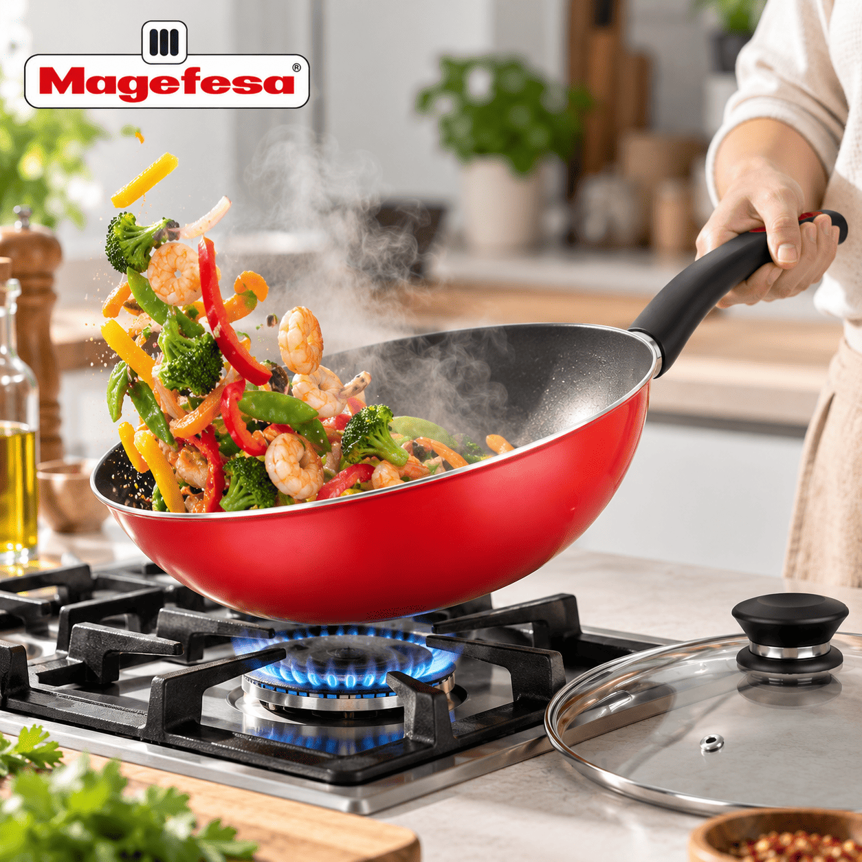 Wok Antiadherente con Tapa Magefesa Coral Rojo 30 cm Acero Vitrificado-2