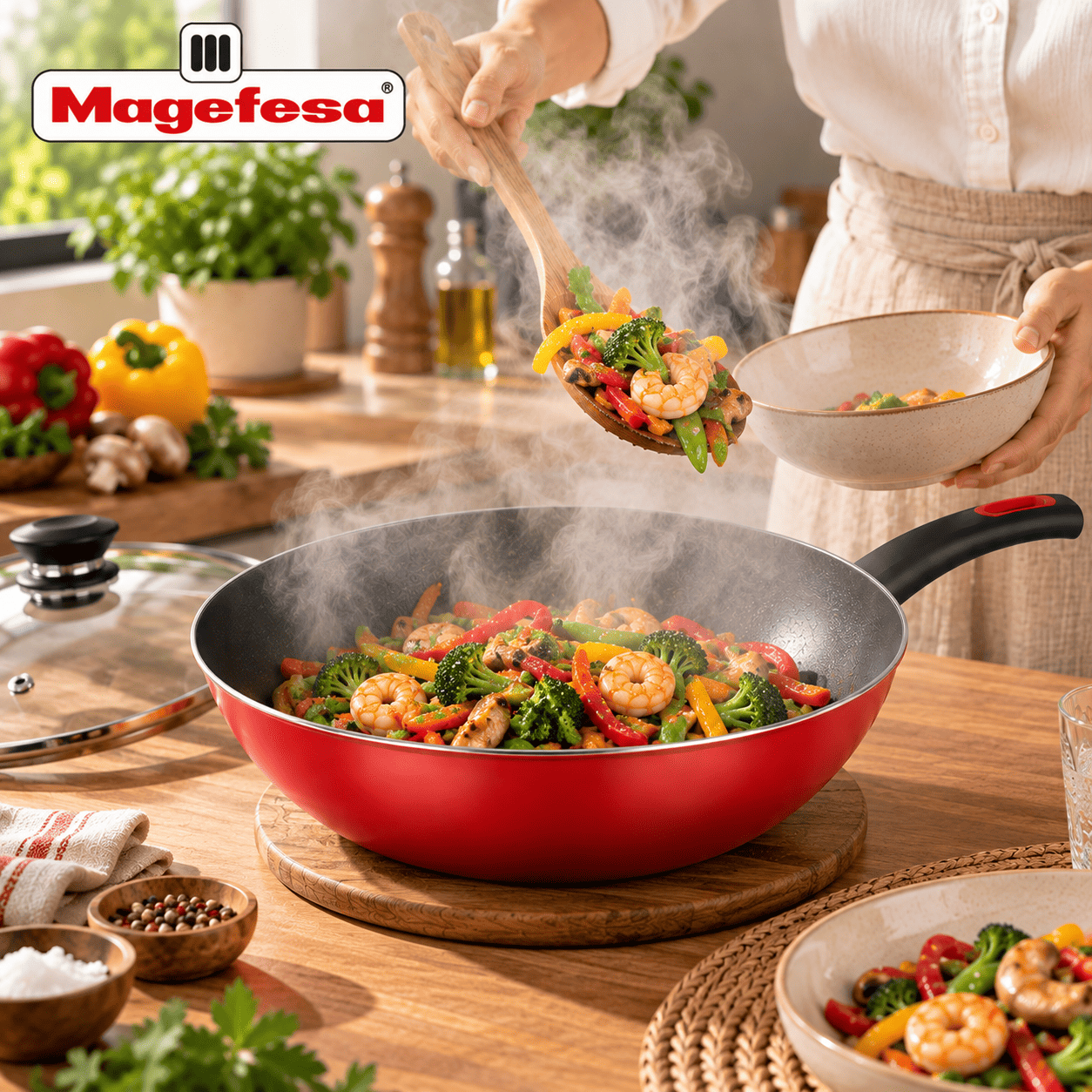 Wok Antiadherente con Tapa Magefesa Coral Rojo 30 cm Acero Vitrificado-3
