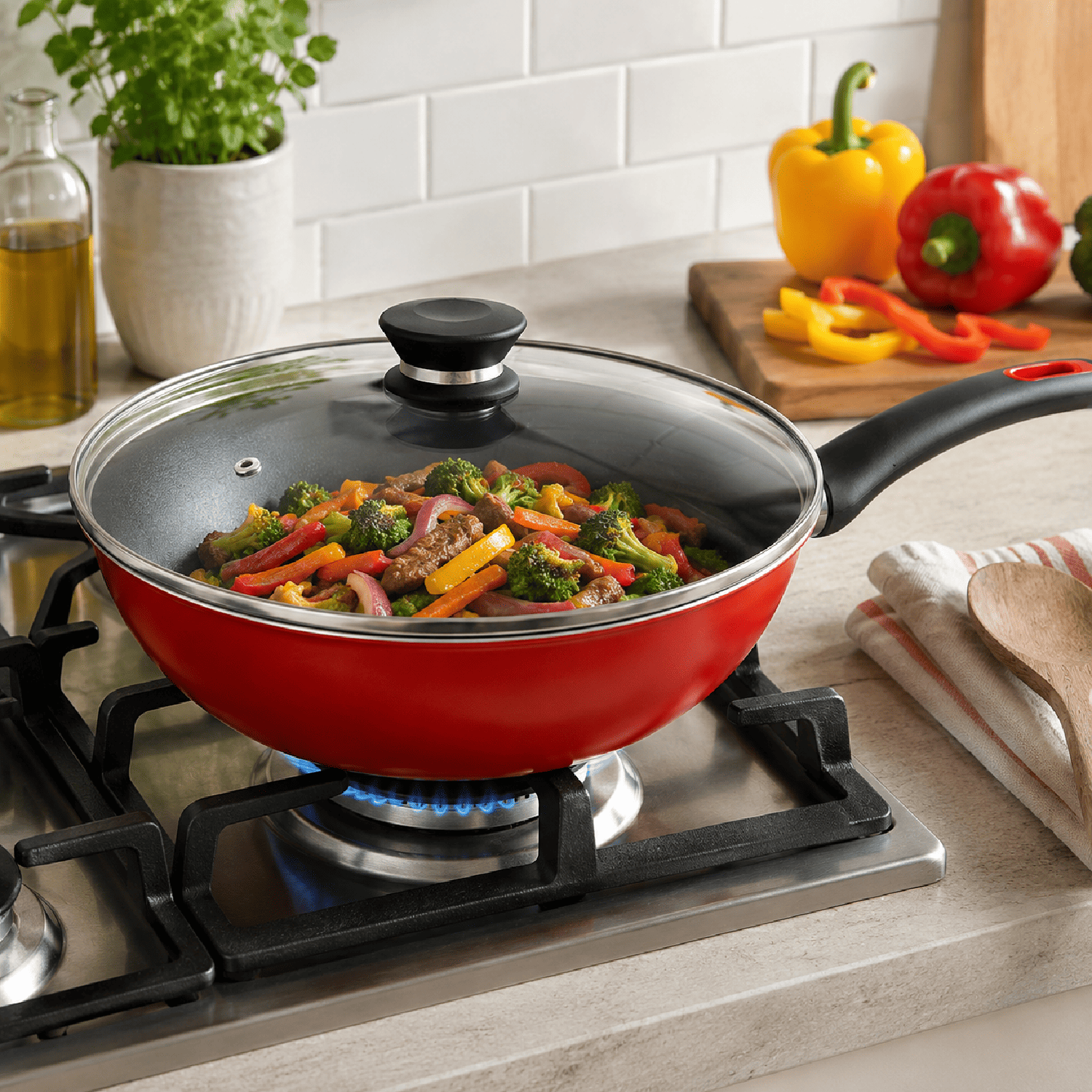 Wok Magefesa Coral Due Rojo 28 cm con Tapa-1