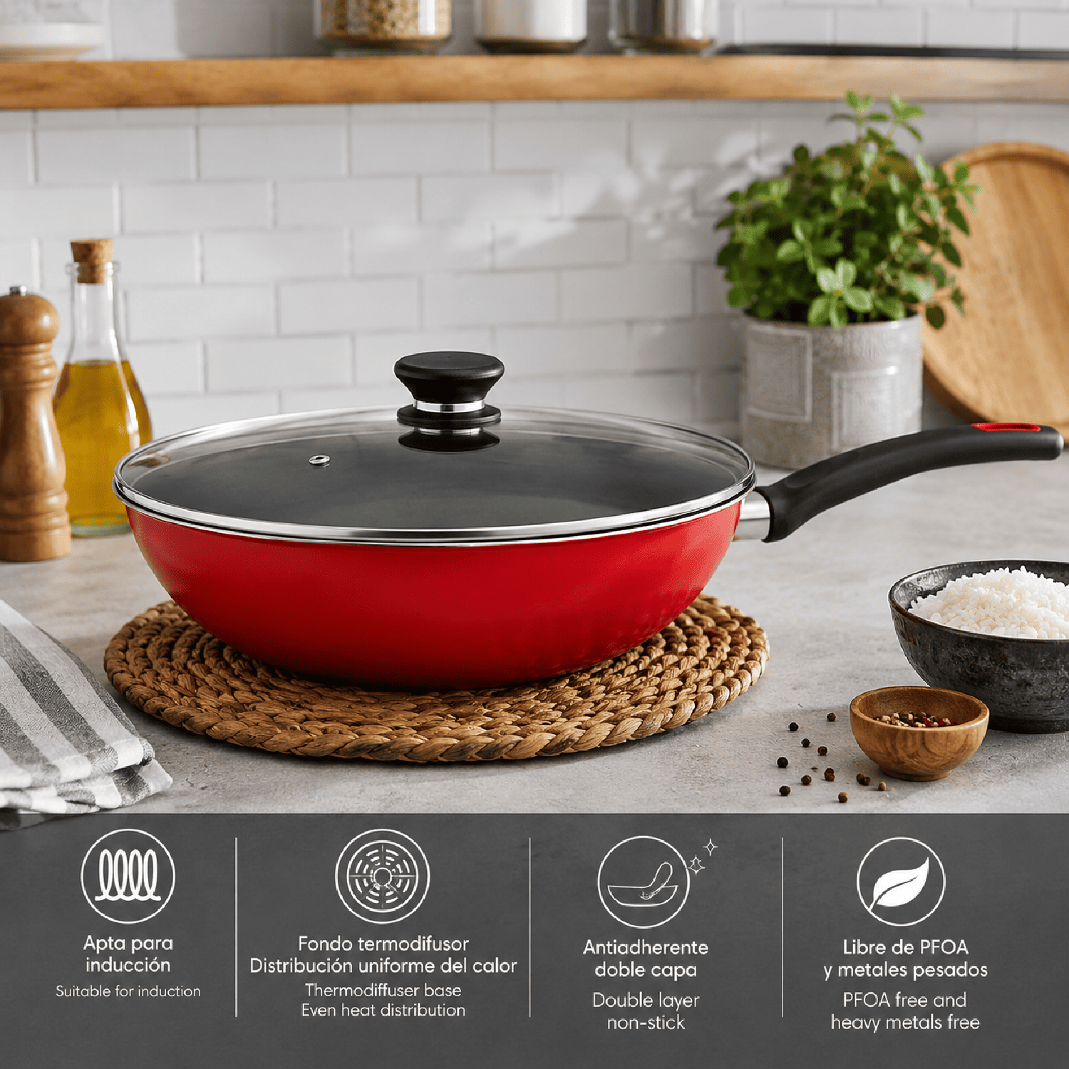 Wok Magefesa Coral Due Rojo 28 cm con Tapa-2