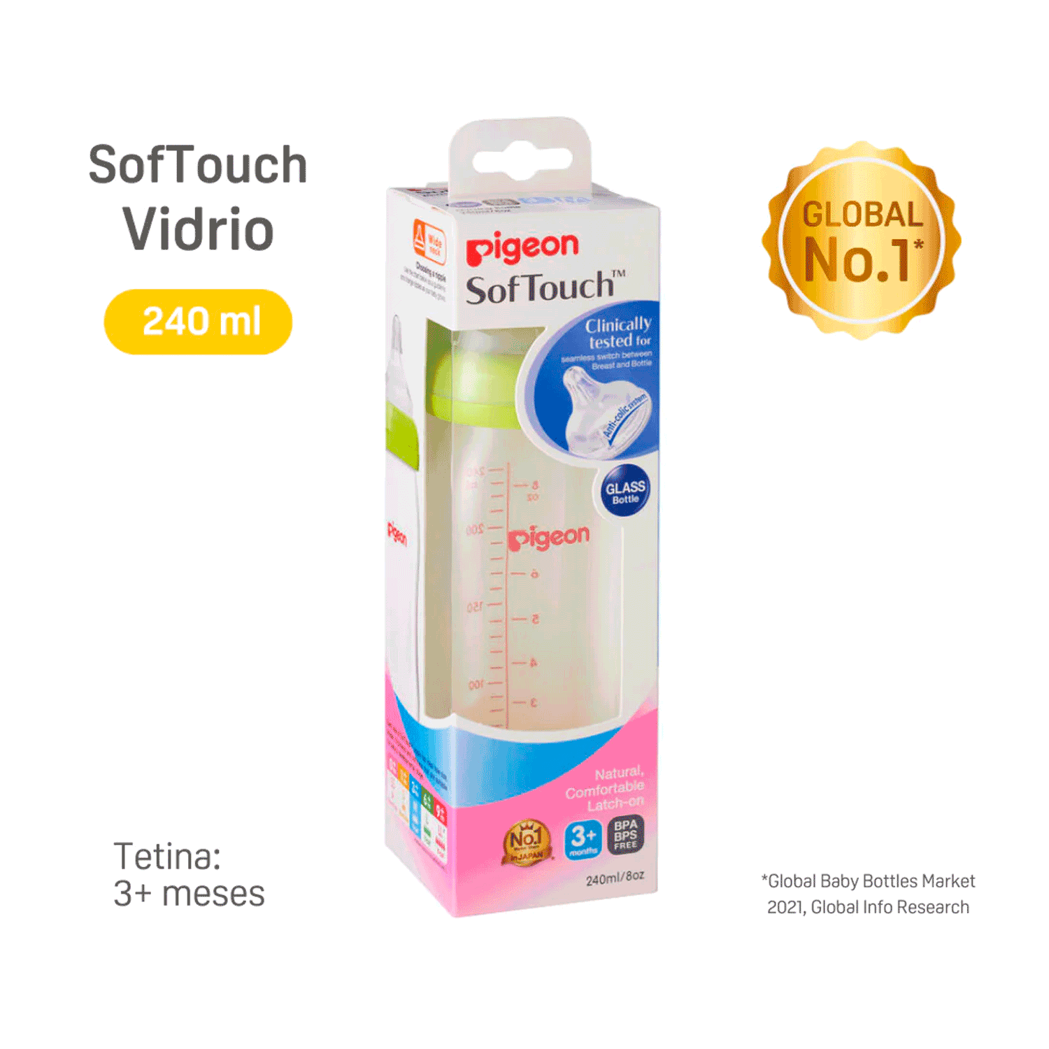 Mamadera Biberón Anti-cólicos Pigeon SofTouch Vidrio 240 ml | Boca Ancha | 3+ Meses-2