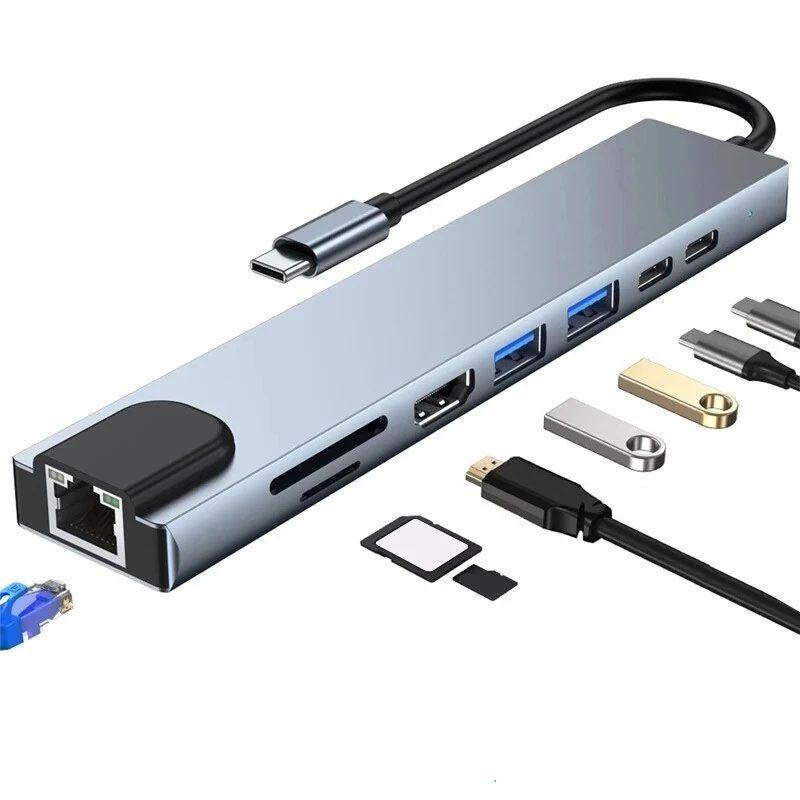 Hub Usb Tipo C Usb-c, 8 En 1, Hdmi+sd/tf+usb3.0+usb-c+pd+lan-0