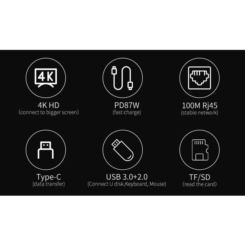 Hub Usb Tipo C Usb-c, 8 En 1, Hdmi+sd/tf+usb3.0+usb-c+pd+lan-1