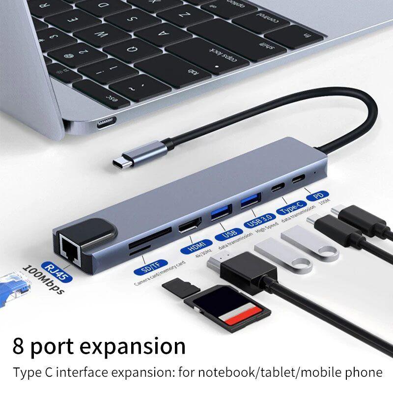 Hub Usb Tipo C Usb-c, 8 En 1, Hdmi+sd/tf+usb3.0+usb-c+pd+lan-2