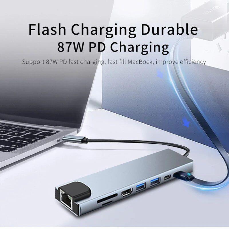 Hub Usb Tipo C Usb-c, 8 En 1, Hdmi+sd/tf+usb3.0+usb-c+pd+lan-5