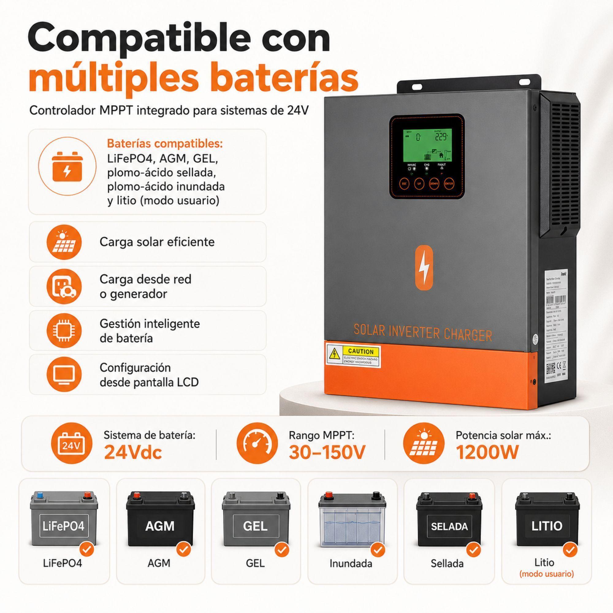 Inversor Solar Hibrido PowMr 1500W 24V Onda Senoidal Pura-4