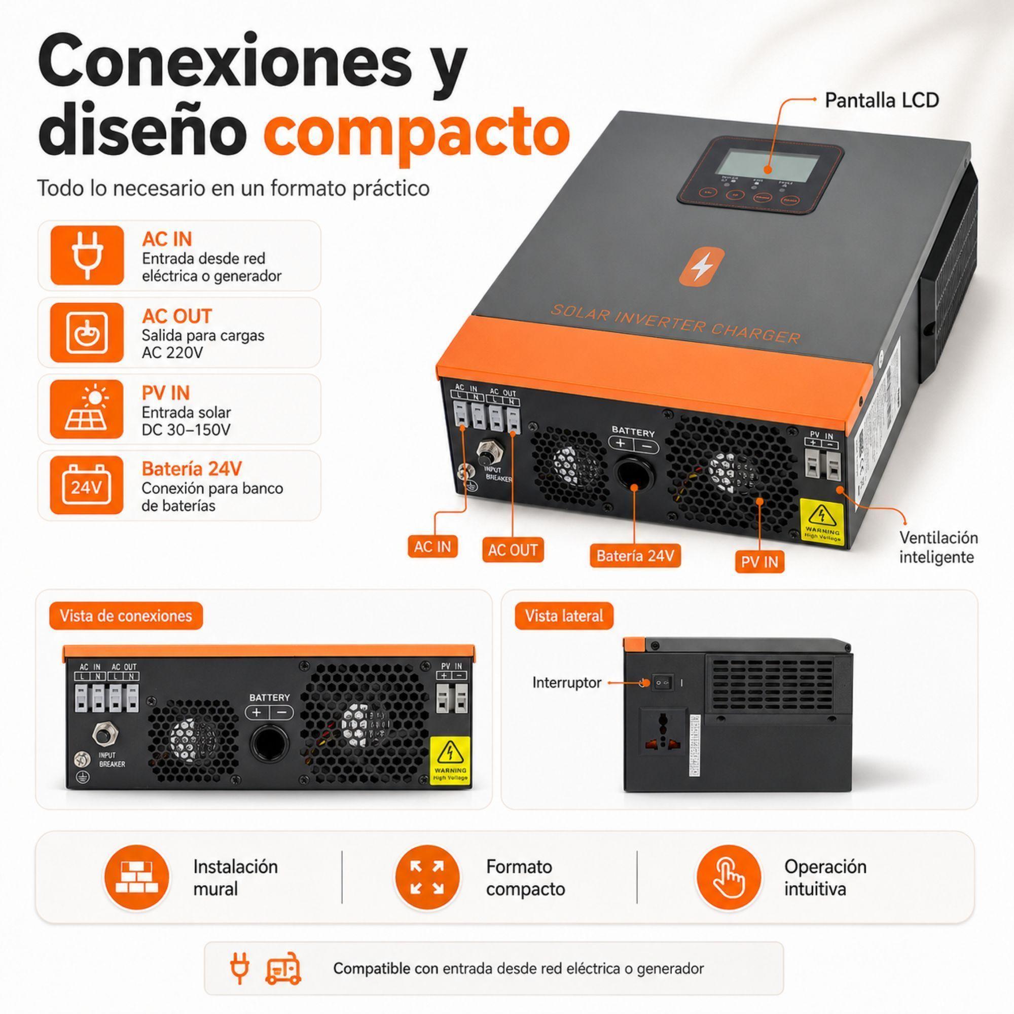 Inversor Solar Hibrido PowMr 1500W 24V Onda Senoidal Pura-5