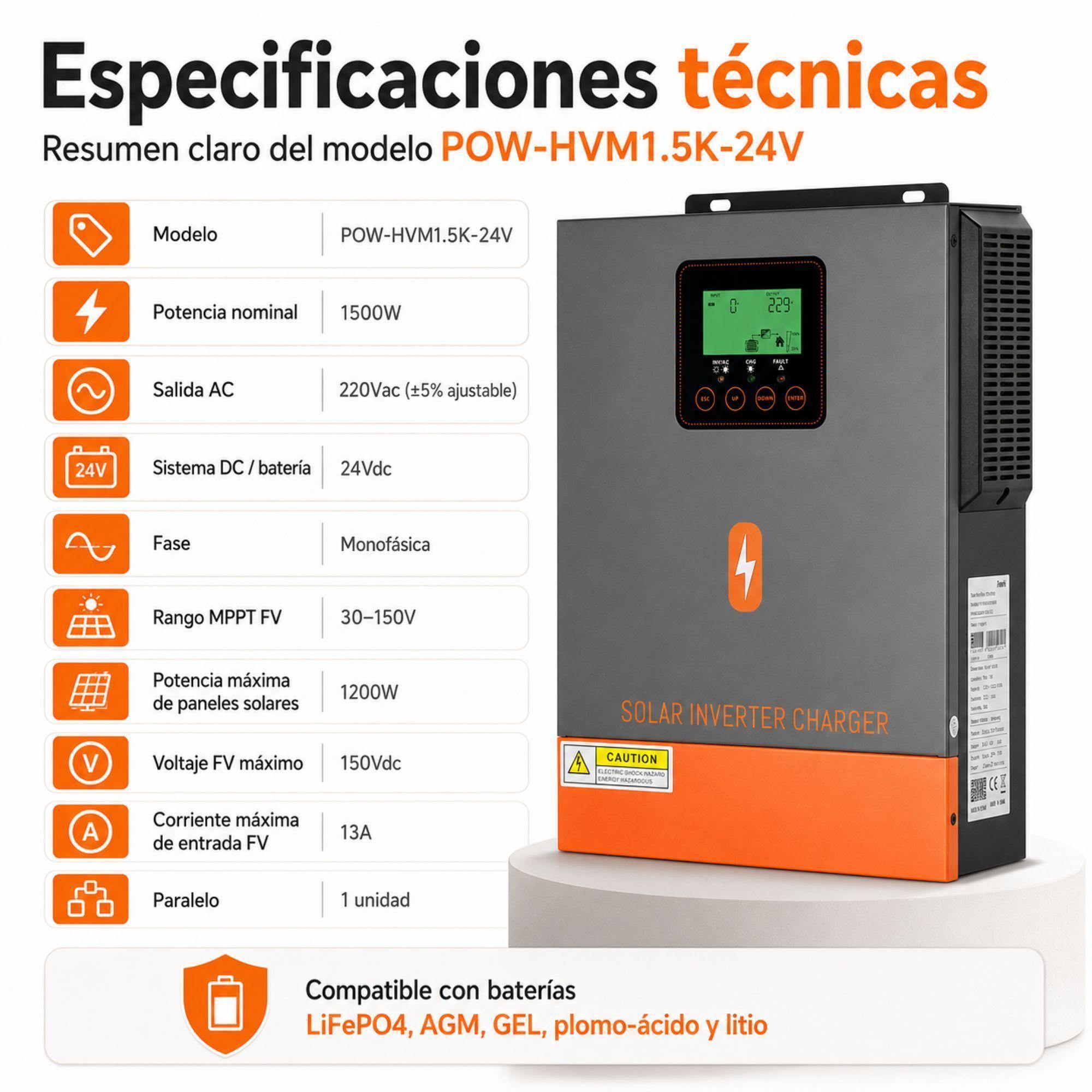 Inversor Solar Hibrido PowMr 1500W 24V Onda Senoidal Pura-8