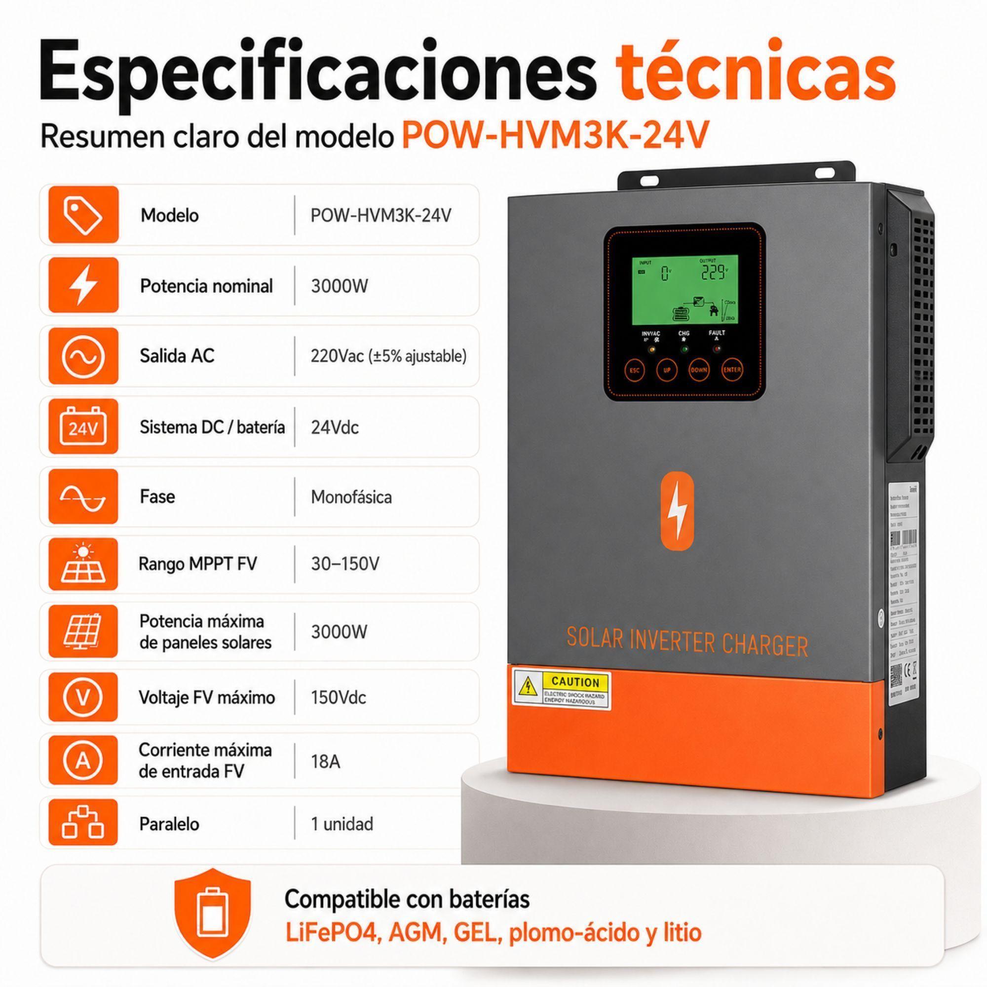 Inversor Solar Hibrido PowMr 3000W 24V MPPT 400V Onda Pura-9