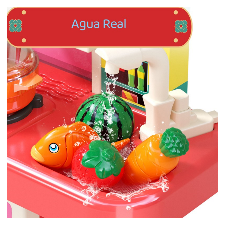Juguete Cocina 95cm 73pcs Luces Sonido Agua Real Rociar Niña-6