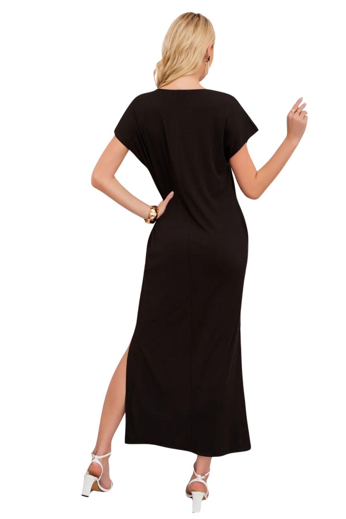 Vestido Largo Mujer, Recto Con Escote En V Y Bolsillos 3378-2