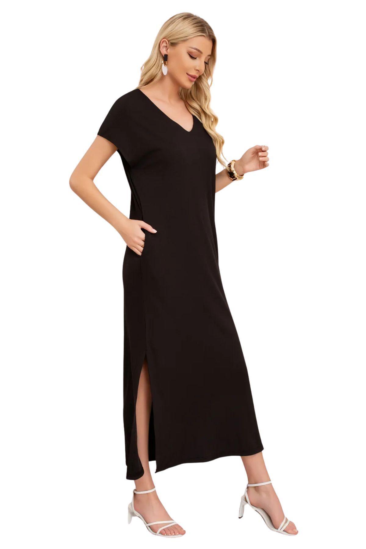 Vestido Largo Mujer, Recto Con Escote En V Y Bolsillos 3378-1