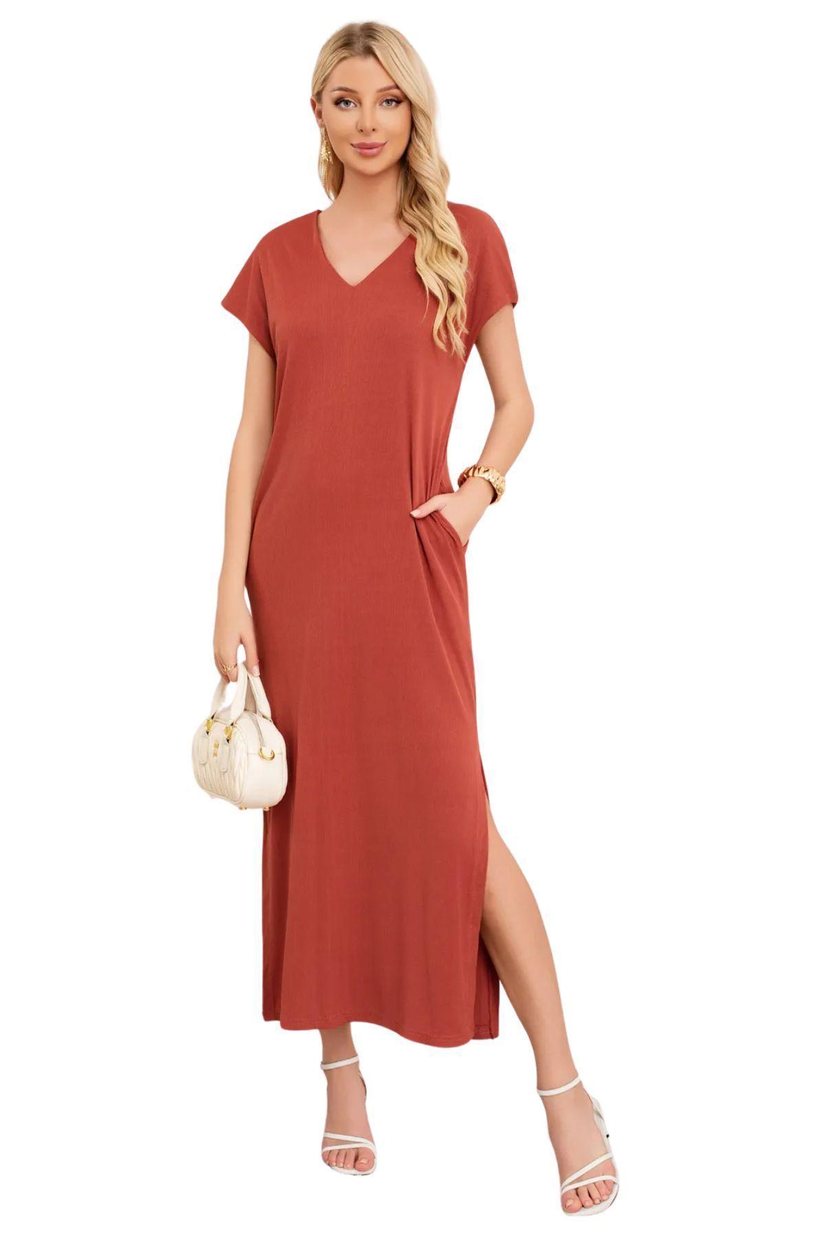 Vestido Largo Mujer, Recto Con Escote En V Y Bolsillos 3378-0